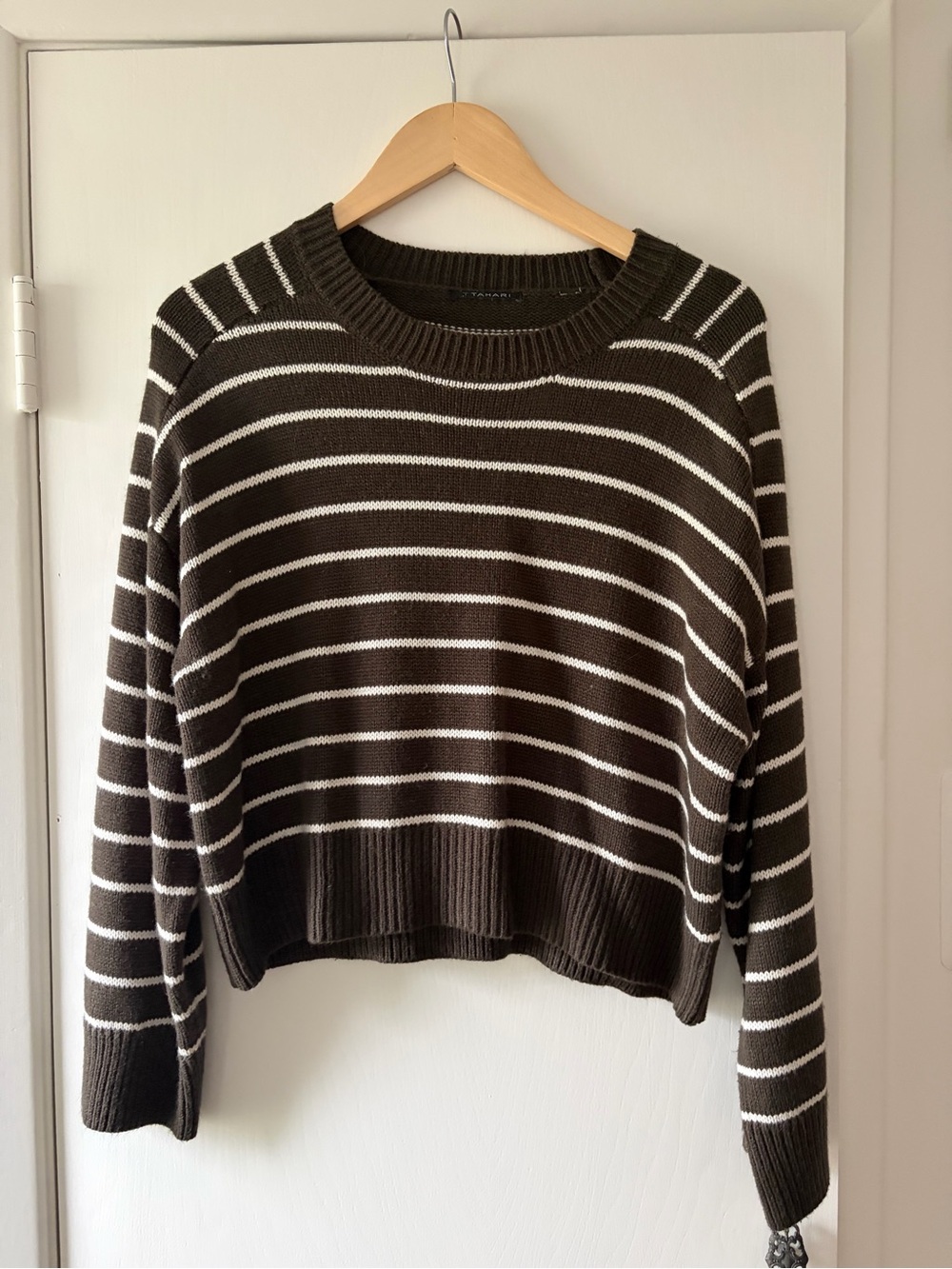 Tahari Brown and White Striped Crewneck Sweater